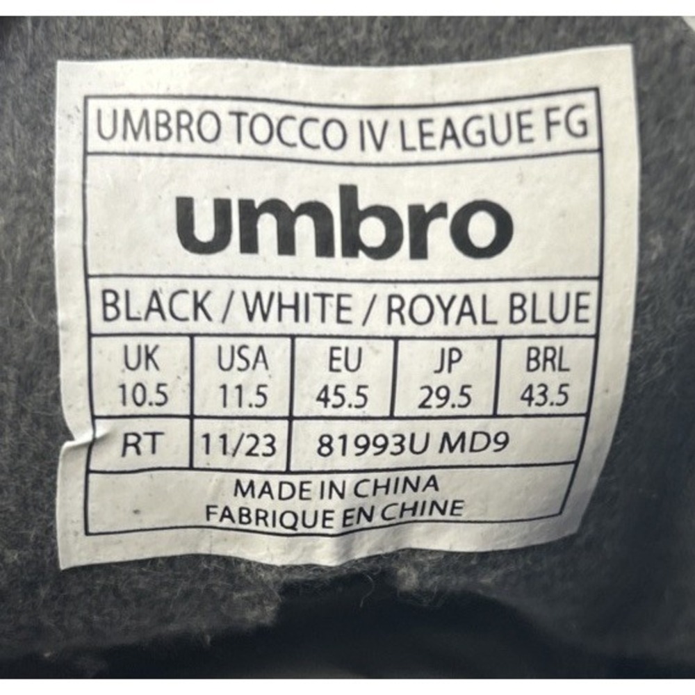 Umbro Tocco 4 League FG Soccer Cleats Men's Size 11.5‎ Black/White/Blue NIB - Picture 9 of 10
